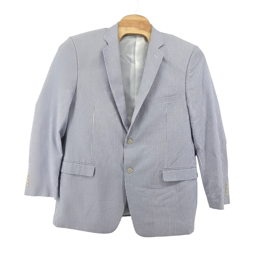 Saddlebred Mens 46L Seersucker Blazer Blue White Striped Cotton Sport Coat